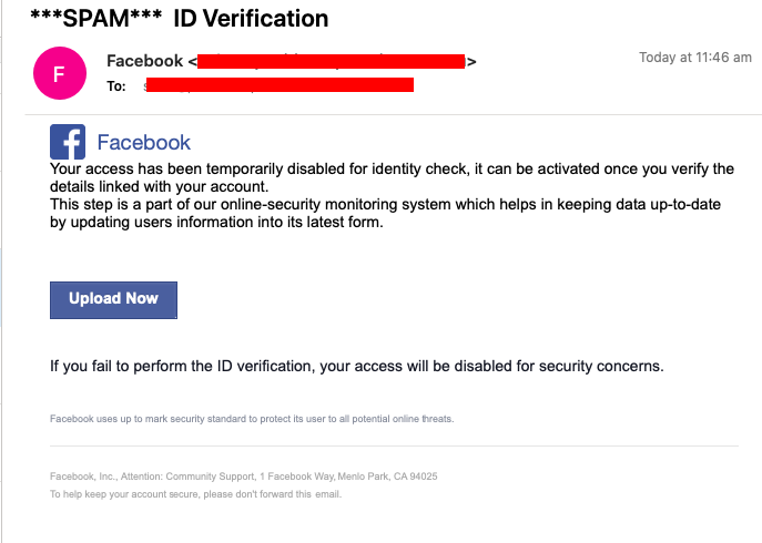 Fake Facebook ID Identity Scam Email